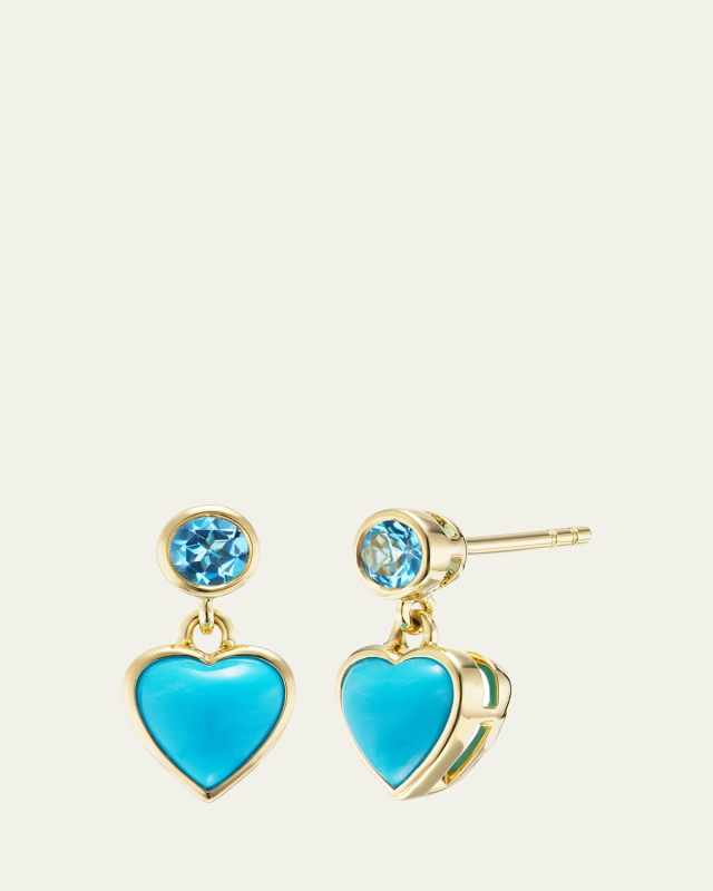 18K Yellow Gold Blue Heart Earrings with Swiss Topaz and Turquoise